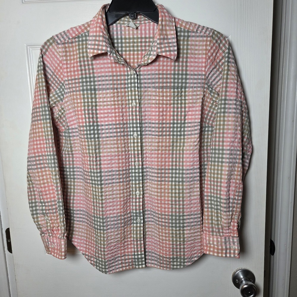 L.L. Bean sz M women's gingham plaid long slv texture button up shirt 100 cotton
